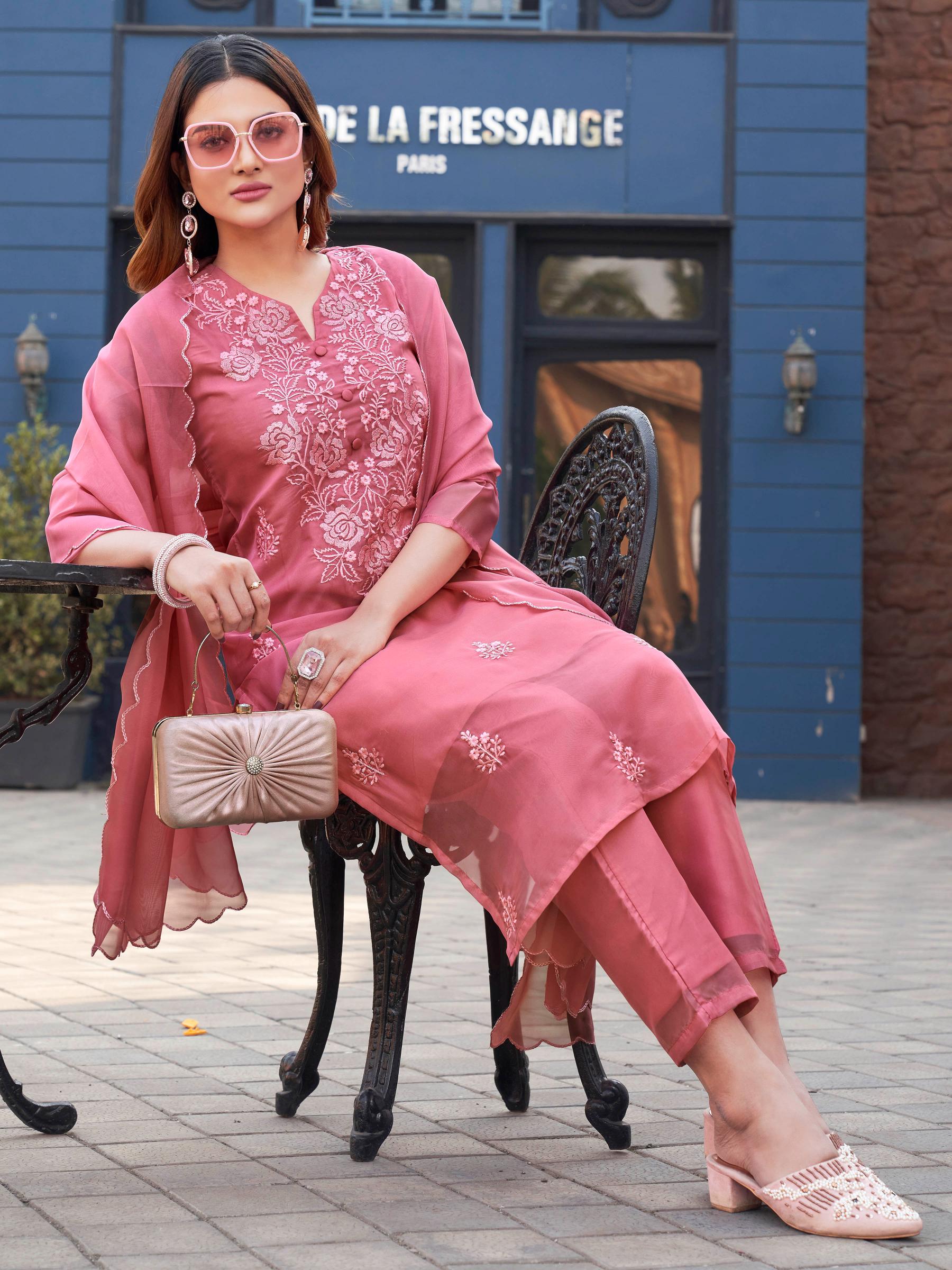 Blush Pink Organza With Tonal Thread Embroidery Round Neck Straight Kurta Set